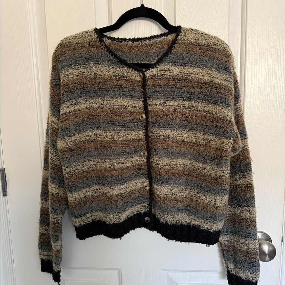Vintage Wool Blend Striped Women’s Button-Front Cardigan - Brown Grey Cream